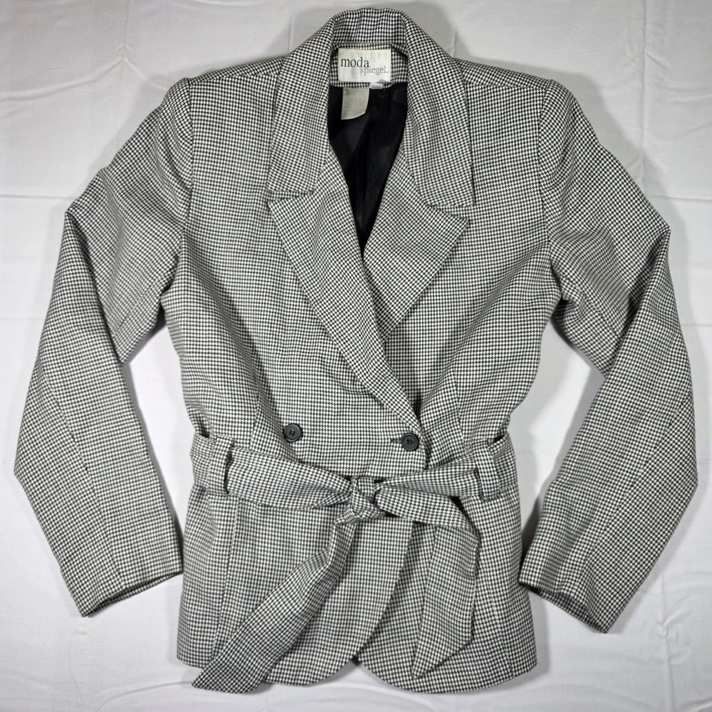 Moda Spiegel Vintage Houndstooth Belted Blazer Jacket Black White Size 4